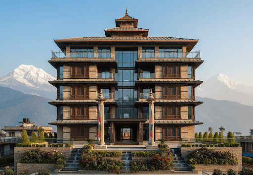 High-end modern architectural building in Nepal with Himalayan mountains in the background.